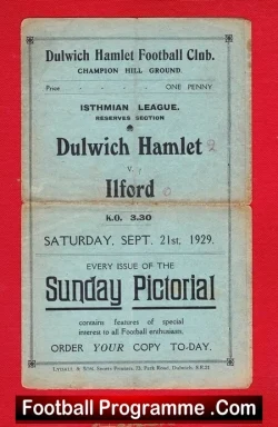 Dulwich Hamlet v Ilford 1929 - Rare 1920s Football Programme 1920s - football programme