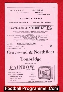 Gravesend Northfleet v Tonbridge 1963 - Kent Cup - football programme
