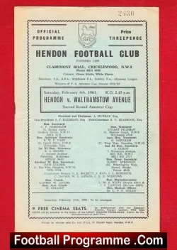 Hendon v Walthamstow Avenue 1961 - Amateur Cup - football programme