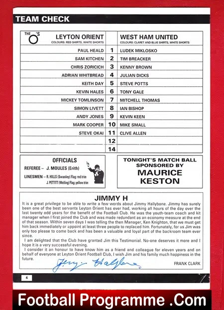 Jimmy Hallybone Testimonial Benefit Leyton Orient 1992 Signed - Image 4