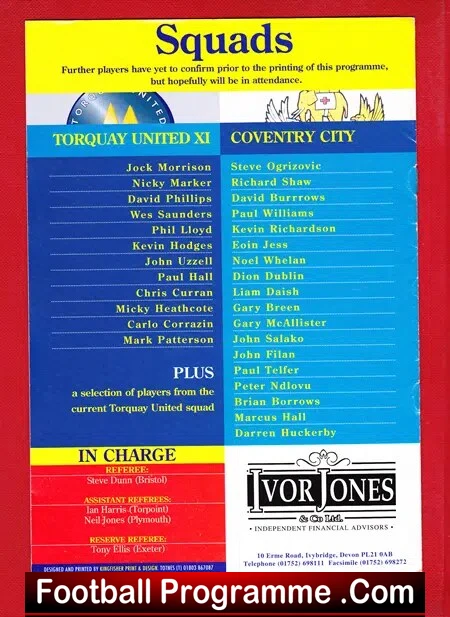 John Ocelli Testimonial Benefit Match Torquay United 1997 Signed - Image 3
