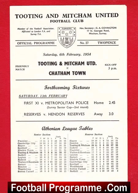 Tooting Mitcham v Chatham Town 1954 - Friendly Match - Image 2