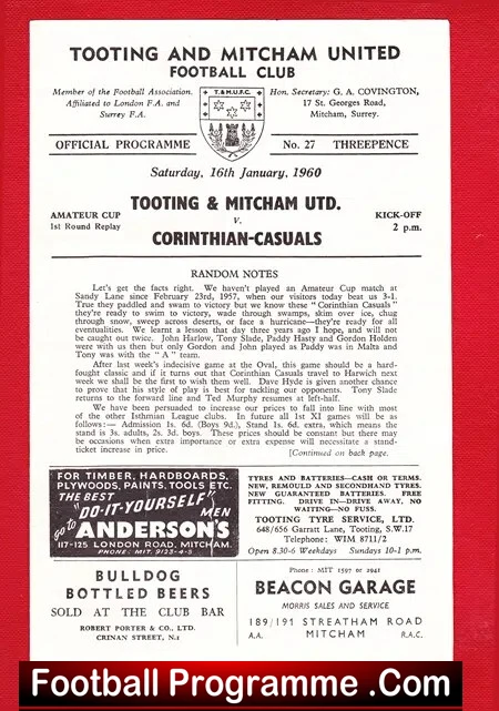 Tooting Mitcham v Corinthian Casuals 1960 - Amateur Cup - Image 2