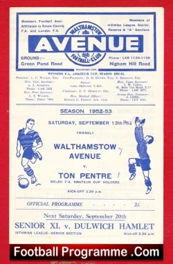 Walthamstow Avenue v Ton Pentre 1952 - Friendly Match - football programme