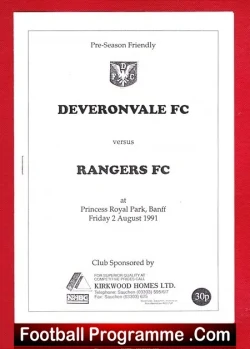 Deveronvale v Glasgow Rangers 1991 - Princess Royal Park - football programme
