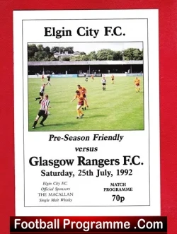 Elgin City v Glasgow Rangers 1992 - Pre Season Match - football programme