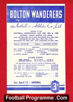 Bolton Wanderers v Arsenal 1952 - football programme