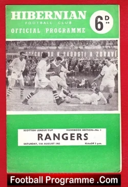 Hibernian Hibs v Glasgow Rangers 1962 - football programme