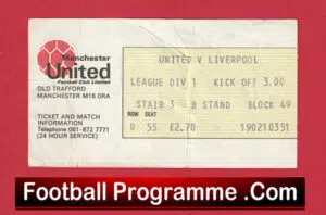 Manchester United v Liverpool 1977 – Man Utd Football Ticket 1970s