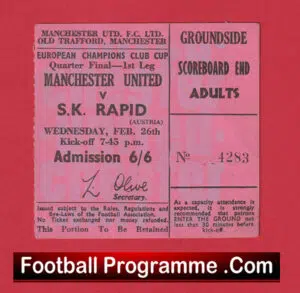 Manchester United v Rapid Vienna 1969 – Quarter Final EC Ticket