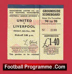 Manchester United v Liverpool 1980 – Man Utd Ticket 1980s