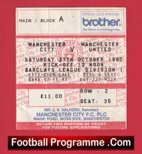 Manchester City v Manchester United 1990 – Match Ticket