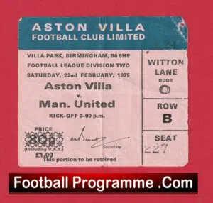 Aston Villa v Manchester United 1975 – Ticket Stub 2nd Division