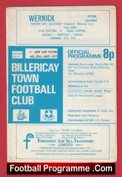 Billericay Town v West Ham United 1977 - Opening Floodlights - football programme
