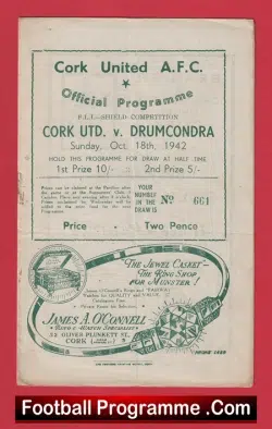 Cork United v Drumcondra 1942 - Ireland Football Programme 1940s - football programme