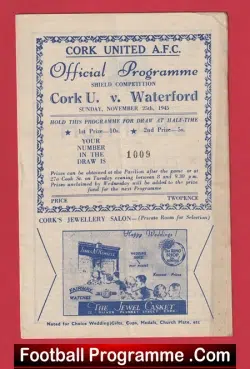 Cork United v Waterford 1945 - Ireland Football Programme 1940s - football programme