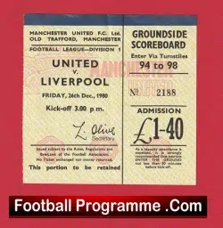 Manchester United v Liverpool 1980 – Man Utd Ticket 1980s