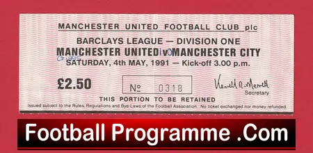 Manchester United v Manchester City 1991 - Man Utd Ticket - Image 2