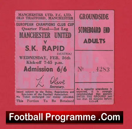 Manchester United v Rapid Vienna 1969 - Quarter Final EC Ticket - Image 2