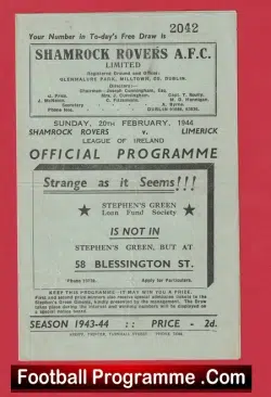 Shamrock Rovers v Limerick 1944 - League Of Ireland - football programme