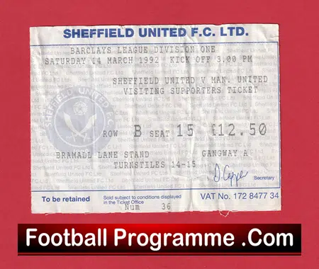 Sheffield United v Manchester United 1992 - Football Ticket - Image 2