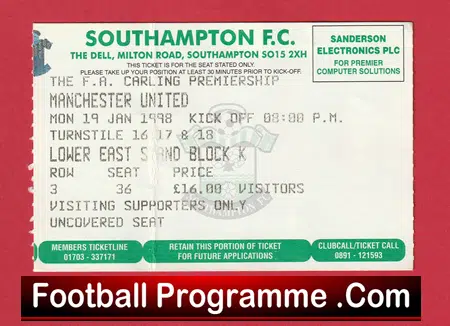 Southampton v Manchester United 1998 - Match Ticket - football memorabilia