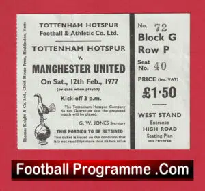 Tottenham Hotspur v Manchester United 1977 – Match Ticket