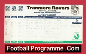 Tranmere Rovers v Manchester City 2001 – Pre Season Friendly Ticket