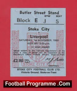 Stoke City v Liverpool 1980 – Match Ticket