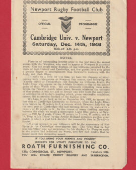Newport Rugby v Cambridge University 1946 – 40’s Rugby Programme