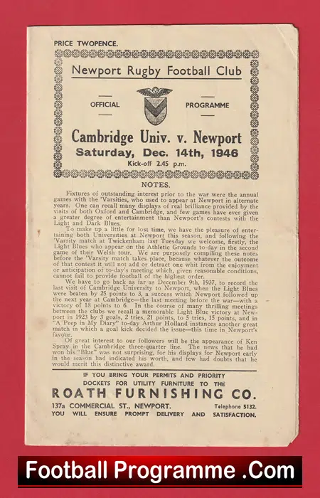 Newport Rugby v Cambridge University 1946 - 40's Rugby Programme - Image 2
