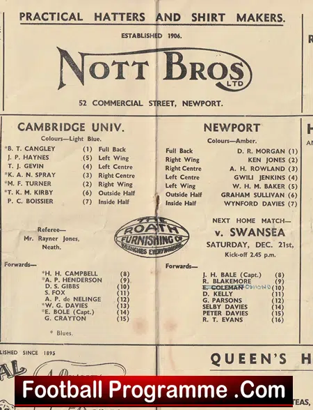 Newport Rugby v Cambridge University 1946 - 40's Rugby Programme - Image 3
