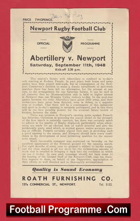 Newport Rugby v Abertillery 1948 - 1940s Rugby Programme - Image 2
