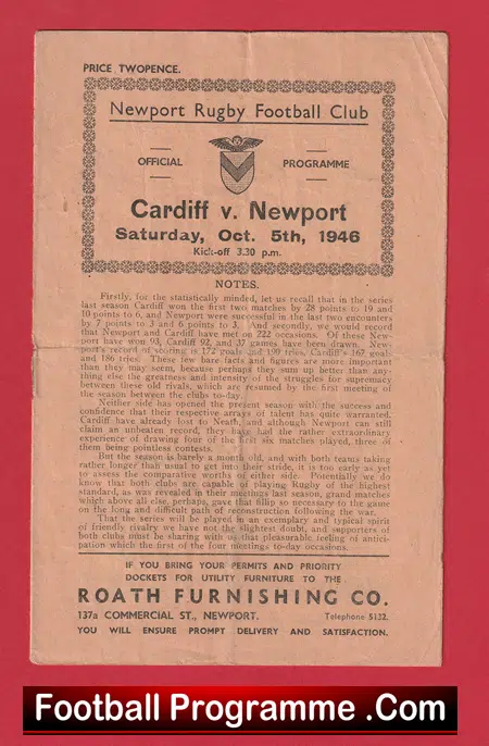 Newport Rugby v Cardiff 1946 - 1940s Rugby Programme - Image 2