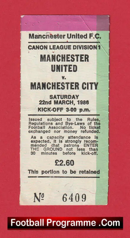 Manchester United v Manchester City 1986 – Ticket