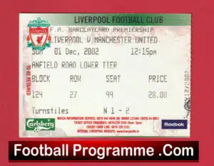 Liverpool v Manchester United 2002 – Match Ticket