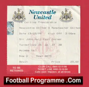 Newcastle United v Manchester United 1999 – Treble Season Ticket