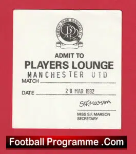 Queens Park Rangers v Manchester United 1992 – Players Lounge Ticket