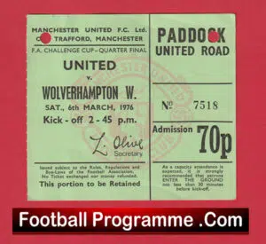 Manchester United v Wolves 1976 – Ticket Old Trafford