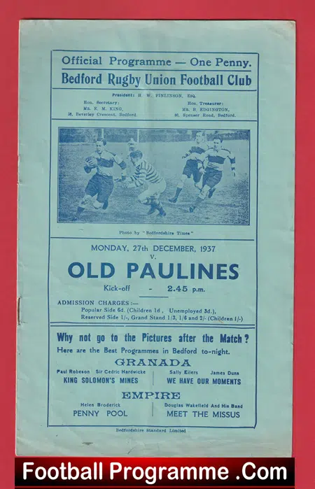 Bedford Rugby v Old Paulines 1937 - Pre War Programme - Image 2