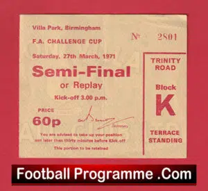 Arsenal v Stoke City 1971 – FA Cup Semi Final Replay Ticket Villa Park