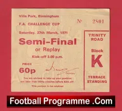 Arsenal v Stoke City 1971 – FA Cup Semi Final Replay Ticket Villa Park