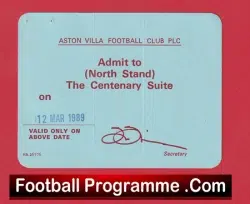 Aston Villa v Manchester United 1989 – Ticket Centenary Suite