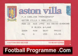 Aston Villa v Manchester United 1993 – Match Ticket