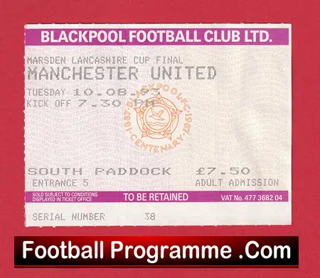 Blackpool v Manchester United 1993 - Lancashire Cup Final Ticket - Image 2