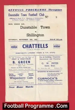 Dunstable Town v Shillington 1955 - Bedfordshire Senior Cup - football programme