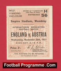 England v Austria 1951 - Football Ticket - football memorabilia