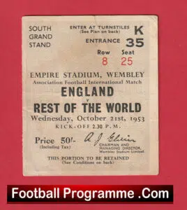 England v Rest Of The World 1953 – Football Ticket