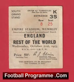England v Rest Of The World 1953 – Football Ticket