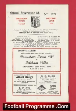 Hounslow Town v Feltham Villa 1961 - Middlesex Victory Cup Final - football programme